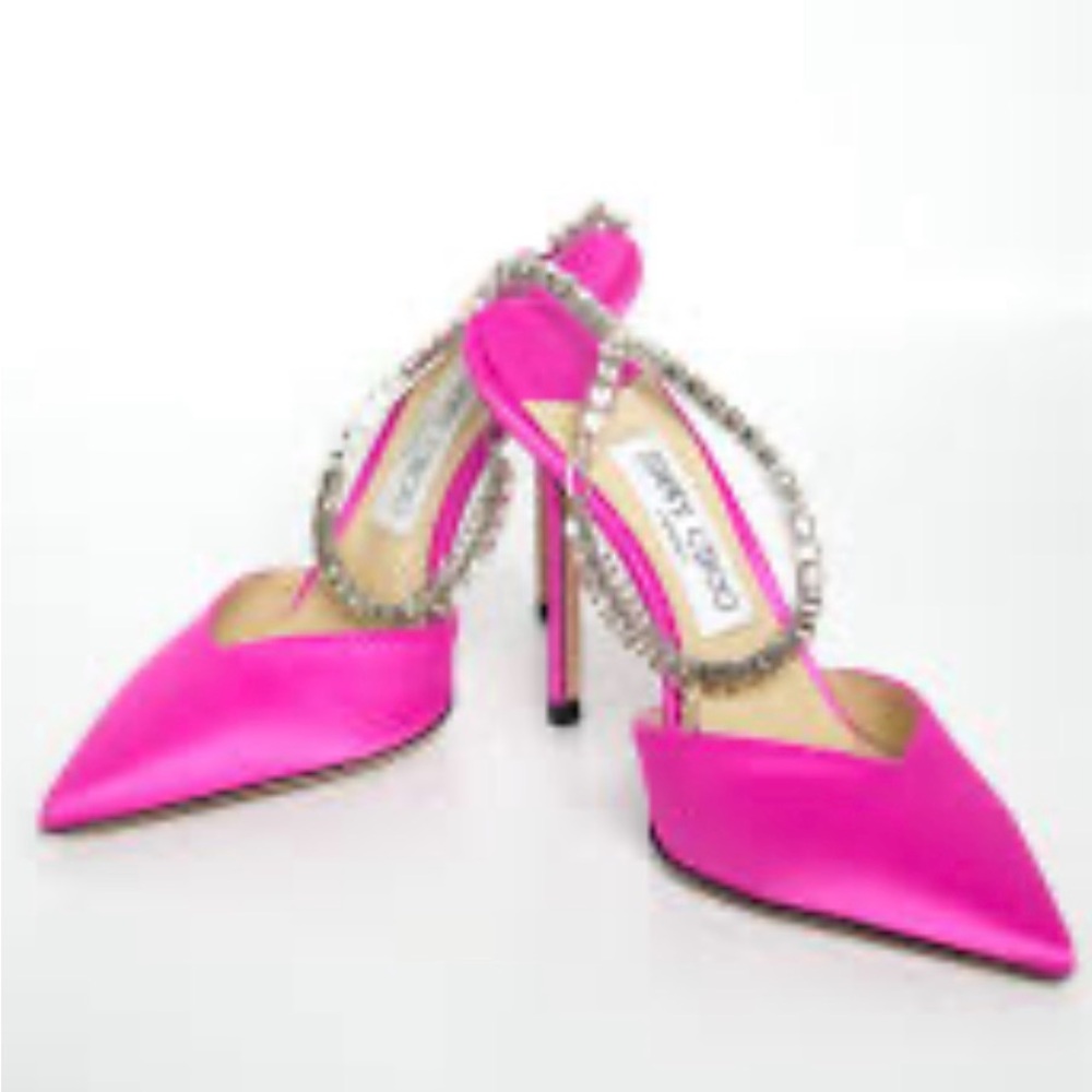 Jimmy Choo Pink‎ Satin Heels with Crystal Straps